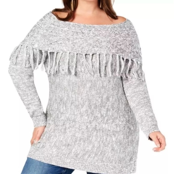 INC International Concepts Women’s Gray & White Cable Knit Fringe Sweater Size L - Picture 2 of 8